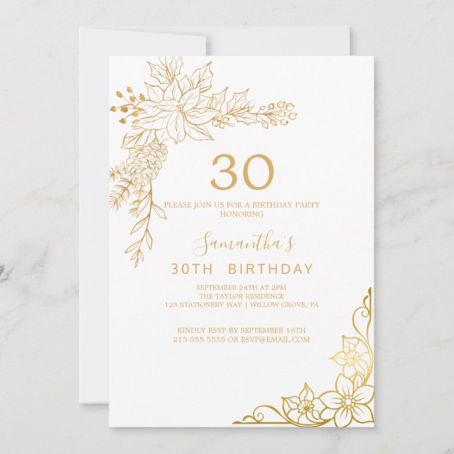Förgylld Blomma | Kräm och Guld 30-års Födelsedag Inbjudningar (Framsida)
