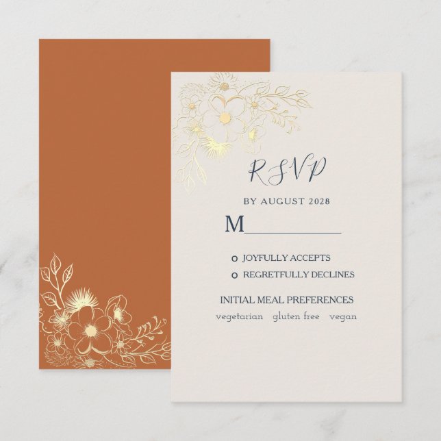 Förgylld Blommig Guld Bröllops RSVP-kort OSA Kort (Fram/baksida)