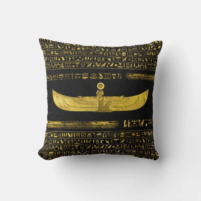 Förgylld egyptisk gudsprydnad på svart läder kudde (Framsida)