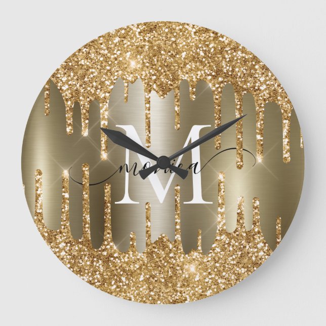 Förgylld glitterdroppe Monogram Personlig Stor Klocka (Framsida)