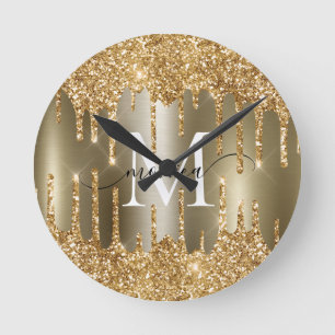 Förgylld glitterdroppe Monogram Personlig Vägg Rund Klocka