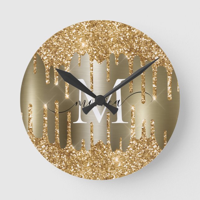 Förgylld glitterdroppe Monogram Personlig Vägg Rund Klocka (Framsida)