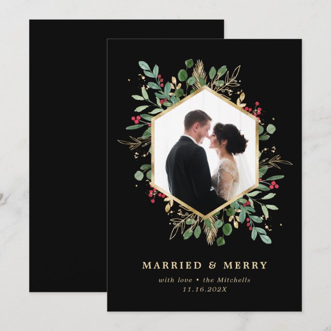 Förgylld grön geometrisk Gift och Glad Foto Julkort (Fram/baksida)