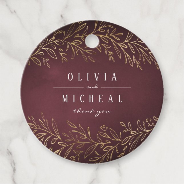 Förgylld guld burgunder botanisk elegant bröllop gåvor etiketter (Framsida)