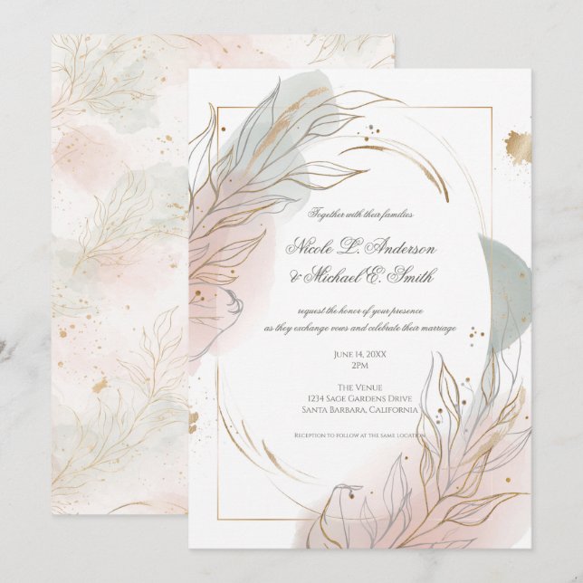 Förgylld guld Sage & Blush Botanisk Bröllopsfest  Inbjudningar (Fram/baksida)