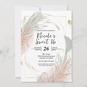 Förgylld guld salvia & rosabotanisk Sweet 16 Inbjudningar