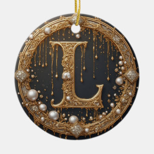 Förgylld initialbokstav L med monogram Julgransprydnad Keramik