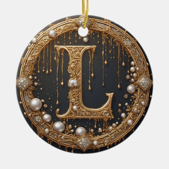 Förgylld initialbokstav L med monogram Julgransprydnad Keramik (Framsidan)