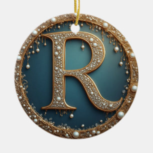Förgylld initialbokstav R med monogram Julgransprydnad Keramik