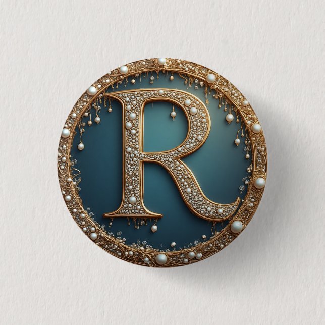 Förgylld initialbokstav R med monogram Knapp (Framsida)