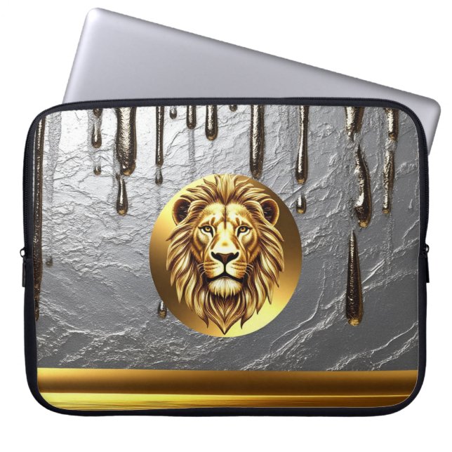 Förgylld Lejonhuvud Med Metallisk Dropp Effekt 🦁 Laptop Fodral (Framsidan)