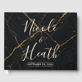 Förgylld Midnight Marble Svart & Guld Bröllop Gästböcker