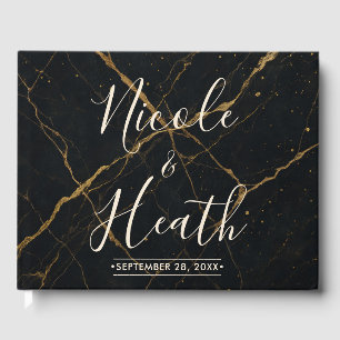 Förgylld Midnight Marble Svart & Guld Bröllop Gästböcker