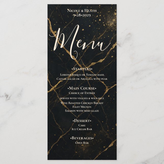 Förgylld Midnight Marble Svart & Guld Bröllop  Meny (Framsida)