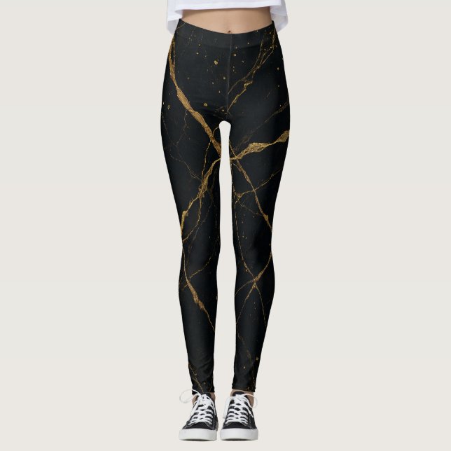 Förgylld Midnight Marble Svart & Guld Leggings (Framsida)
