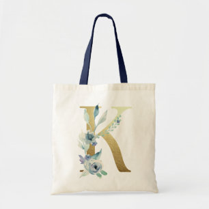 Förgylld monogram bokstav K Blå akvarellblommor Tygkasse