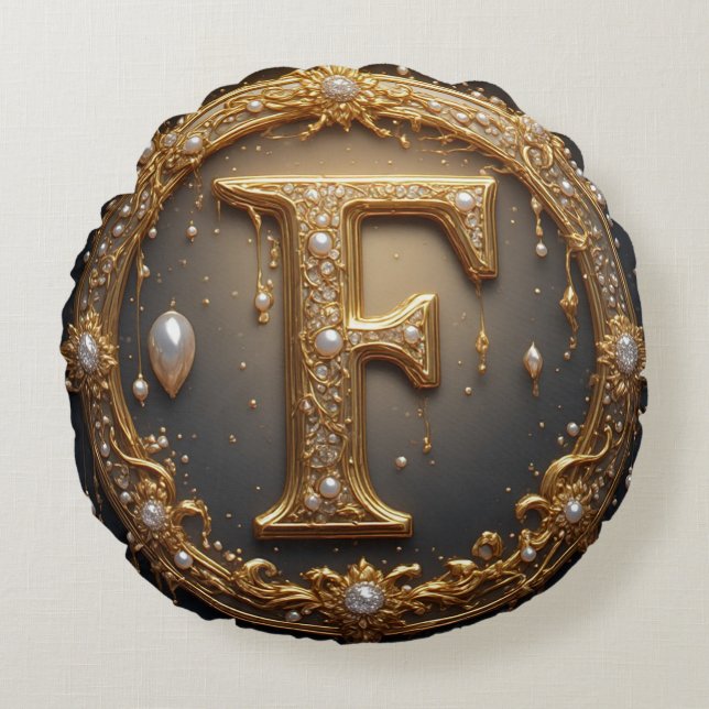 Förgylld monogram initialbokstav F Rund Kudde (Framsidan)