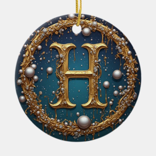 Förgylld monogram initialbokstav H Julgransprydnad Keramik (Framsidan)