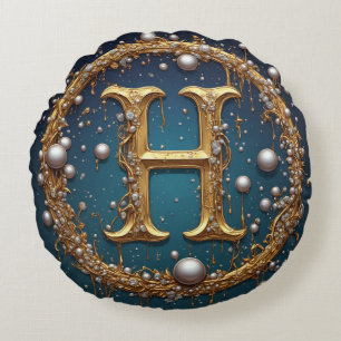 Förgylld monogram initialbokstav H Rund Kudde