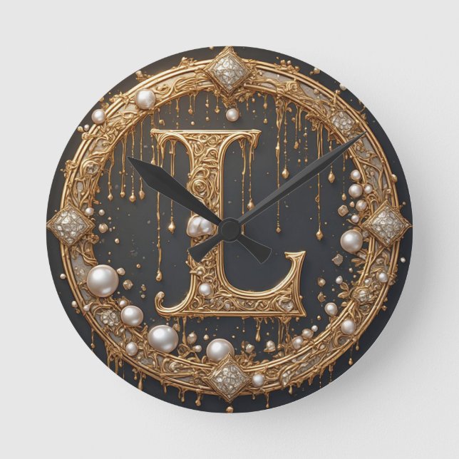 Förgylld monogram initialbokstav L Rund Klocka (Framsida)