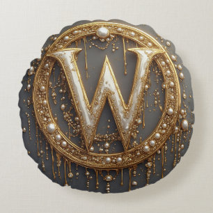 Förgylld monogram initialbokstav W Rund Kudde