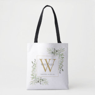 Förgylld monogram vattenfärg grönska personlig tygkasse