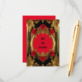 Förgylld ram med röda rosor, gotiskt bröllop tilläggskort