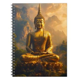 Förgylld sittande Buddha under en solnedgångshimme Anteckningsbok