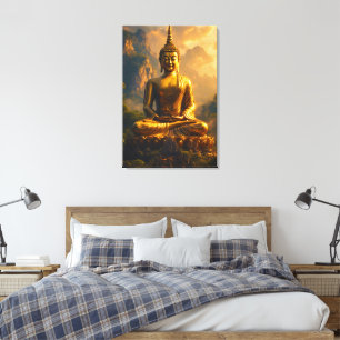 Förgylld sittande Buddha under en solnedgångshimme Canvastryck