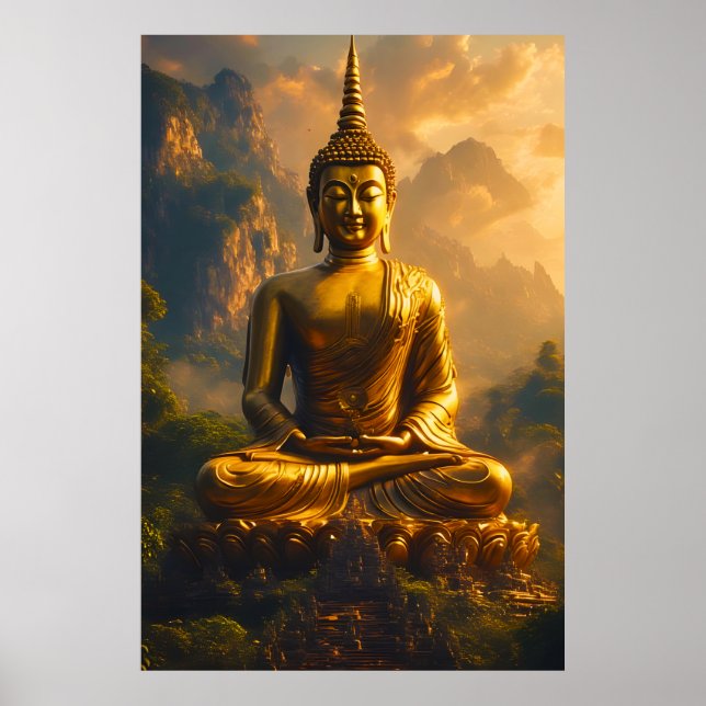 Förgylld sittande Buddha under en solnedgångshimme Poster (Framsidan)