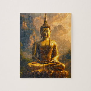 Förgylld sittande Buddha under en solnedgångshimme Pussel