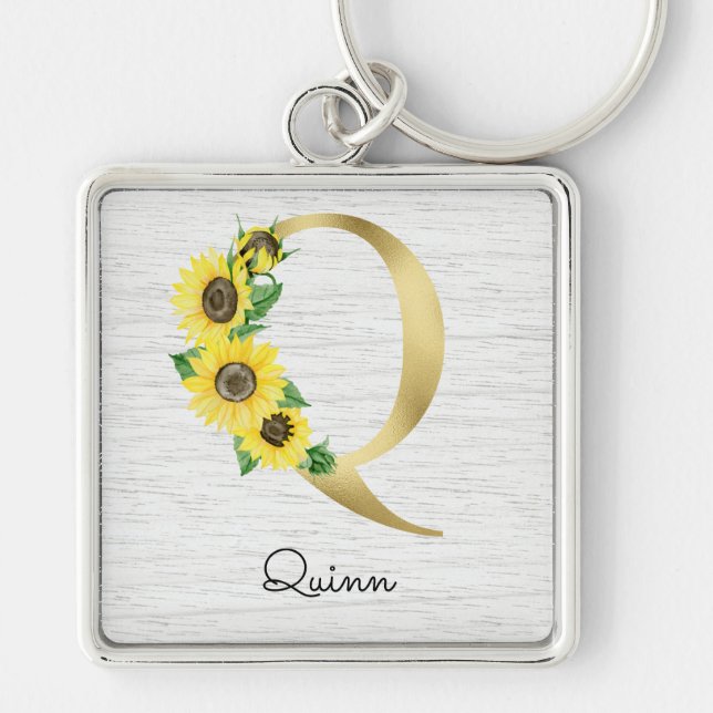 Förgylld solrosblomma med initialen Q Fyrkantig Silverfärgad Nyckelring (Framsidan)