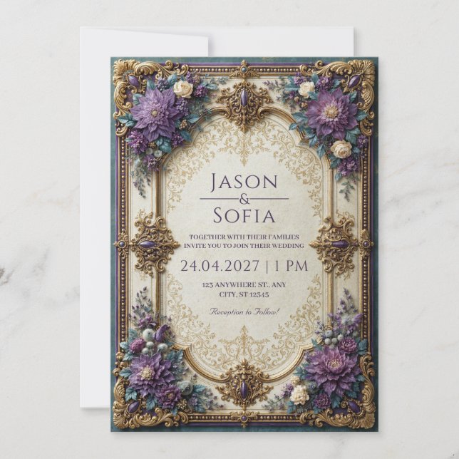 Förgyllt Violett Blommigt Bröllop Inbjudningar (Framsida)