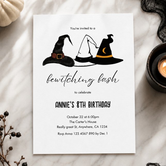 Förhäxande Bash Halloween-häxa hatt födelsedag Inbjudningar (halloween birthday invite, halloween party invite, bewitching bash, witch hat invitation, girls hall)