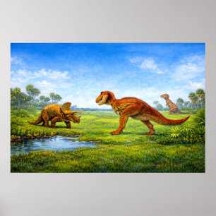 Förhistoriska Tyrannosaurus & Triceratops Dinosaur Poster