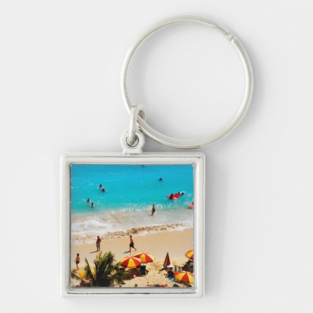 Förhöjd vy över Waikiki Beach Scene, Honolulu Fyrkantig Silverfärgad Nyckelring (Framsidan)
