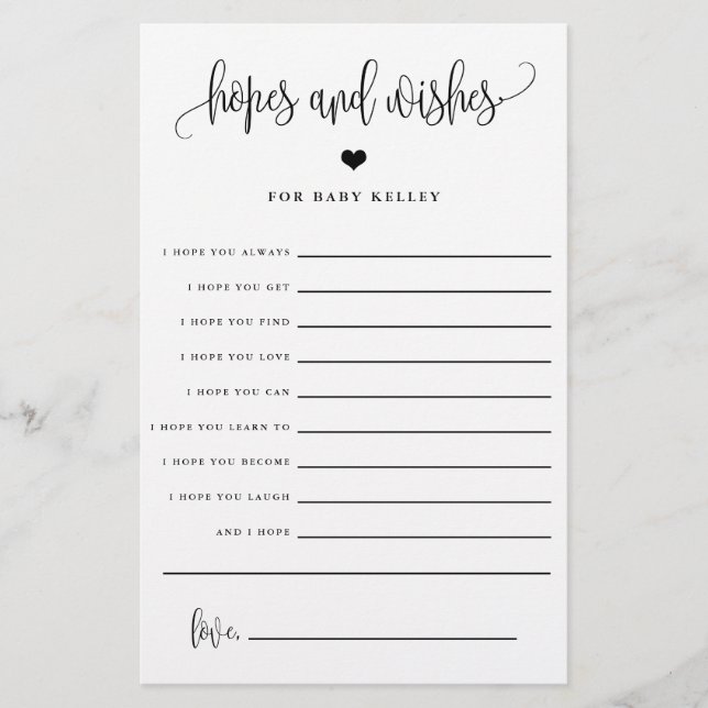 Förhoppningar och Önskemål, Pappert kort för babyv Flygblad (Framsidan)