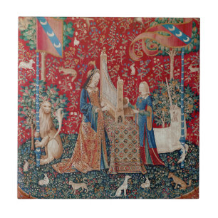 Förhör med dam och Unicorn Medieval Tapestry Kakelplatta