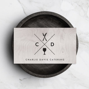 FORK & KNIVAR MONOGRAM på GRÅTT WOOD BAKGRUND Visitkort