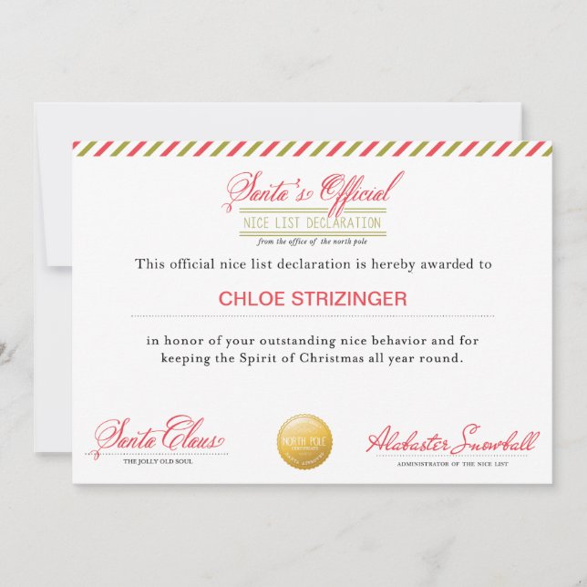 Förklaring från Santa's Officiell Nice List Julkort (Framsida)