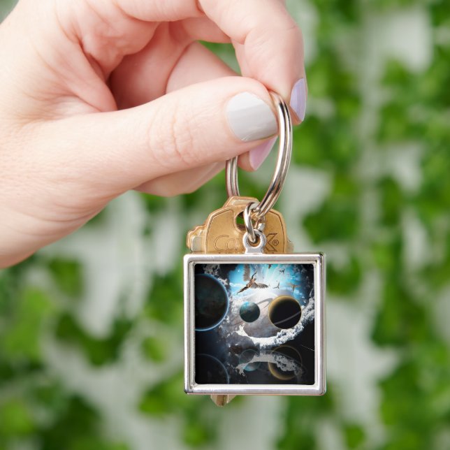 Förklaringar och jord fyrkantig silverfärgad nyckelring (Hand)