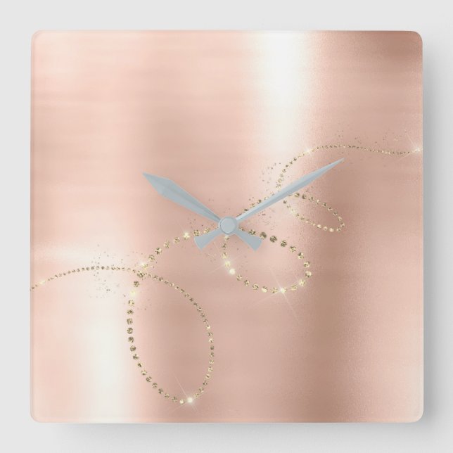 Förkopprar den rosa magra kristaller fryste Glass Fyrkantig Klocka (Framsida)