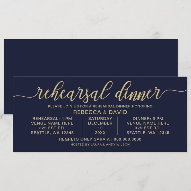 Förkortningsmiddag för marin och Guld Calligraphy Inbjudningar (Fram/baksida)