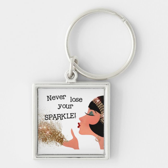 "Förlora aldrig din GNISTRA!" DIVA Keychain Fyrkantig Silverfärgad Nyckelring (Framsidan)