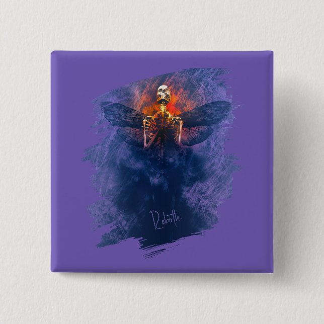 Förlossning. Skeleton med vingar stigning upp Knapp (Framsida)