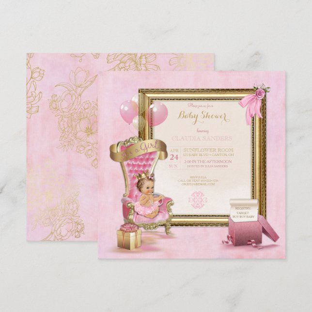 Förlossningsfest kunglig krona guld rosa inbjudningar (Fram/baksida)