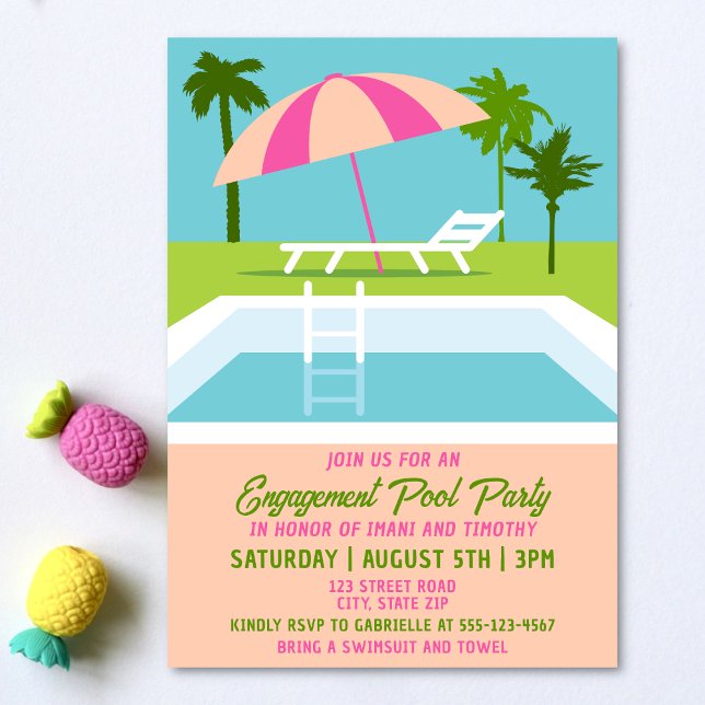 Förlovning Bassäng Tropiska Swimming Bassäng Inbjudningar (Engagement pool party invitation on a light background with tropical decorations. )