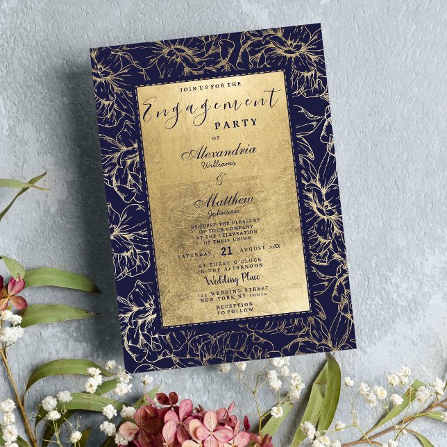 Förlovning för chic i den moderna marinblåa guld-b inbjudningar (Modern navy blue gold floral chic Engagement Invitation )