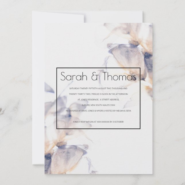 FÖRLOVNING FÖR ELEGANT AV VIT- OCH BLUE PATELE-BLO INBJUDNINGAR (Baksida)