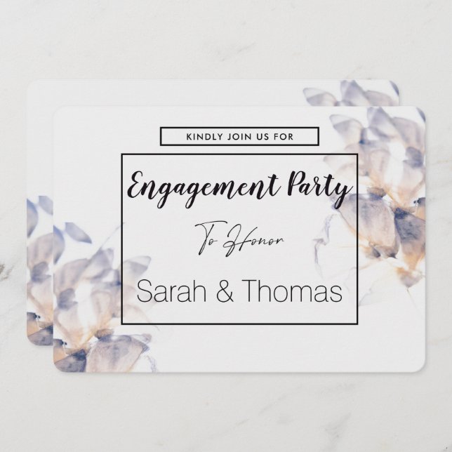 FÖRLOVNING FÖR ELEGANT AV VITA OCH BLUE PATELE-BLO INBJUDNINGAR (Fram/baksida)